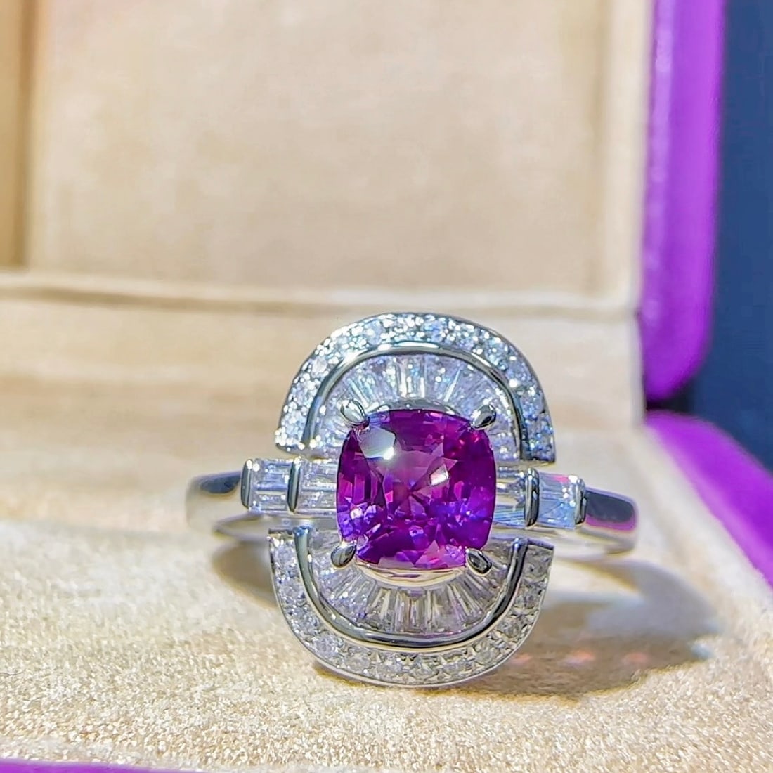 14k Gold 1.38 Ctw Natural Sapphire & Diamond Ring: Ref:231130448 // gold content:14k gold // ring size:7. 25us // // main gemstone:sapphire // shape:cushion // carat weight:1. 10ct // color:purple // treatment:natural // // adjacent gemstone 2 :