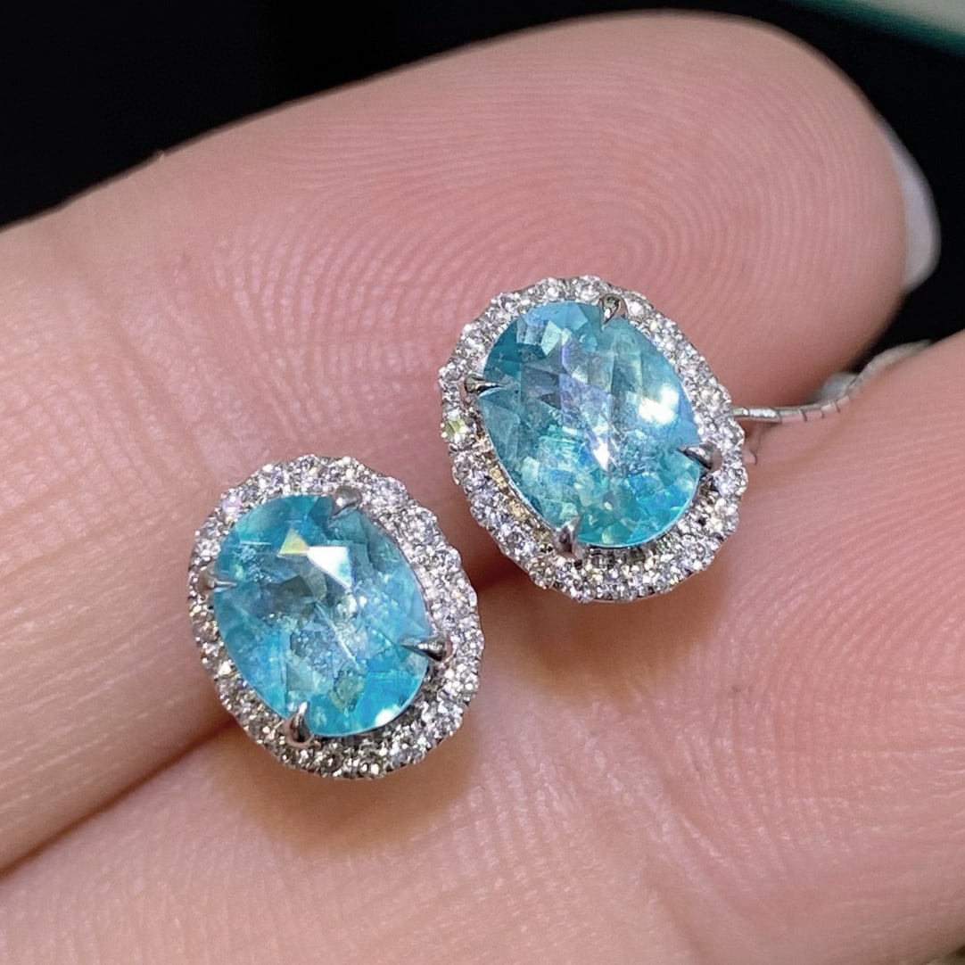 14k Gold 1.30 Ctw Natural Paraiba Tourmaline & Diamond Earrings - 2