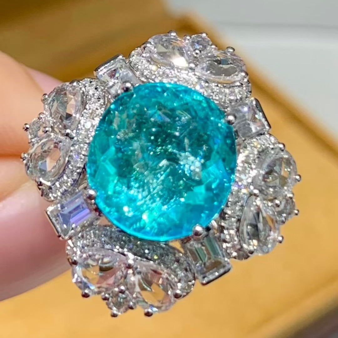 14k Gold 4.9 Ct Natural Paraiba Tourmaline & Diamond & Sapphire Ring - 3