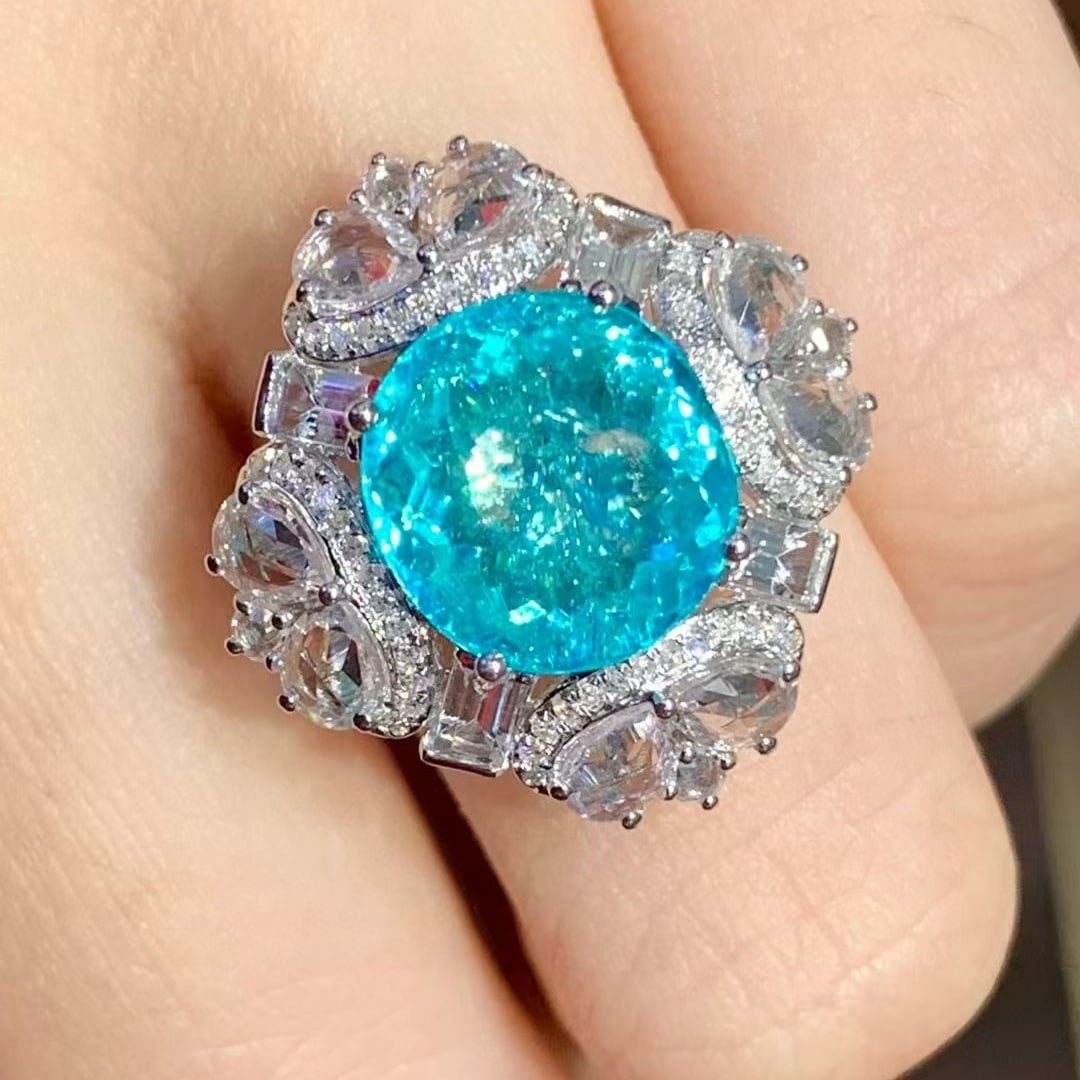 14k Gold 4.9 Ct Natural Paraiba Tourmaline & Diamond & Sapphire Ring - 4