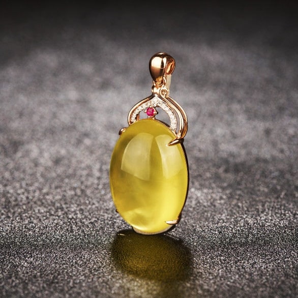 14k Gold 23.66 Ct Natural Prehnite & Diamond & Ruby Pendant( Without Chain ) - 3