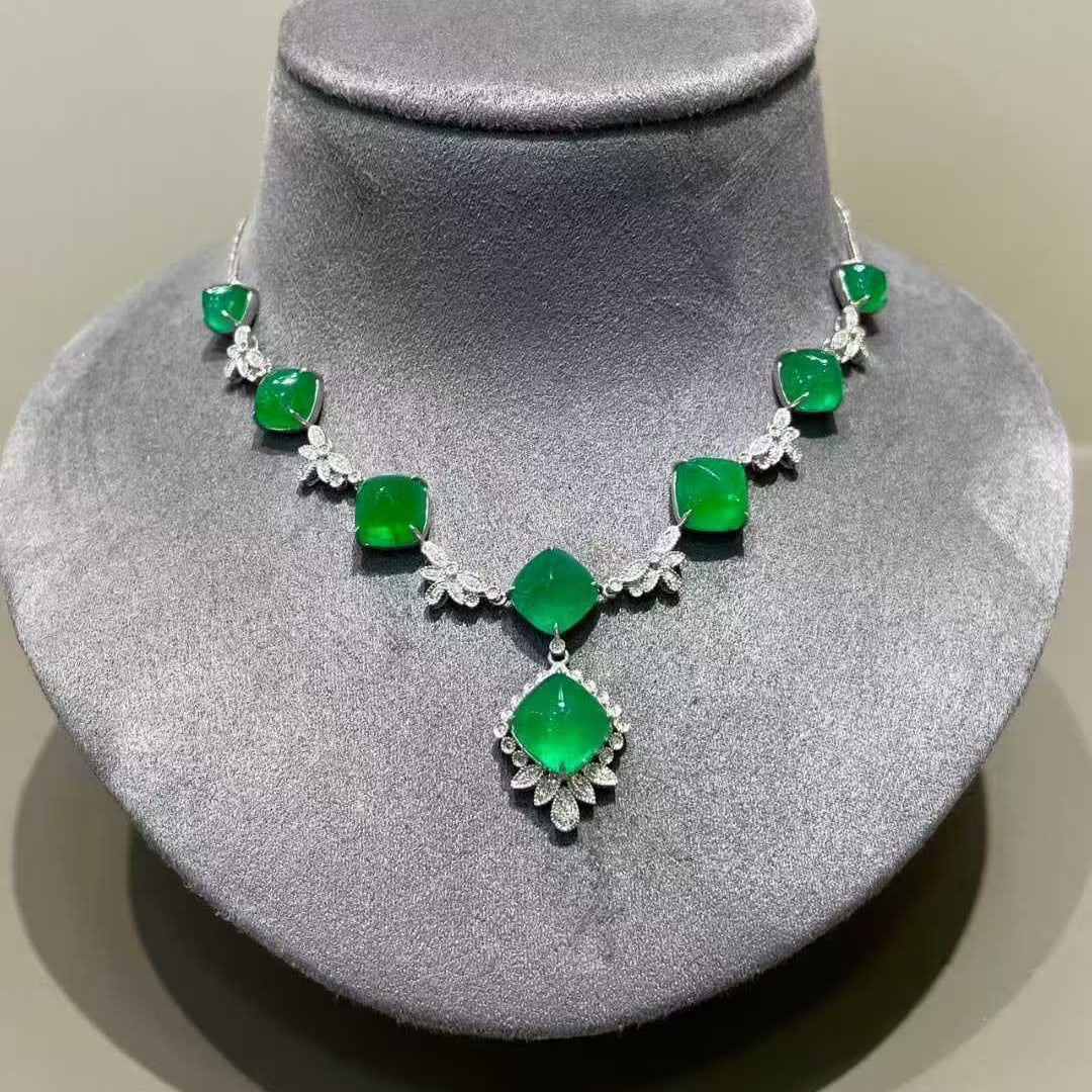 14k Gold 18.88 Ct Vivid Green Natural Emerald & Diamond Necklace - 5