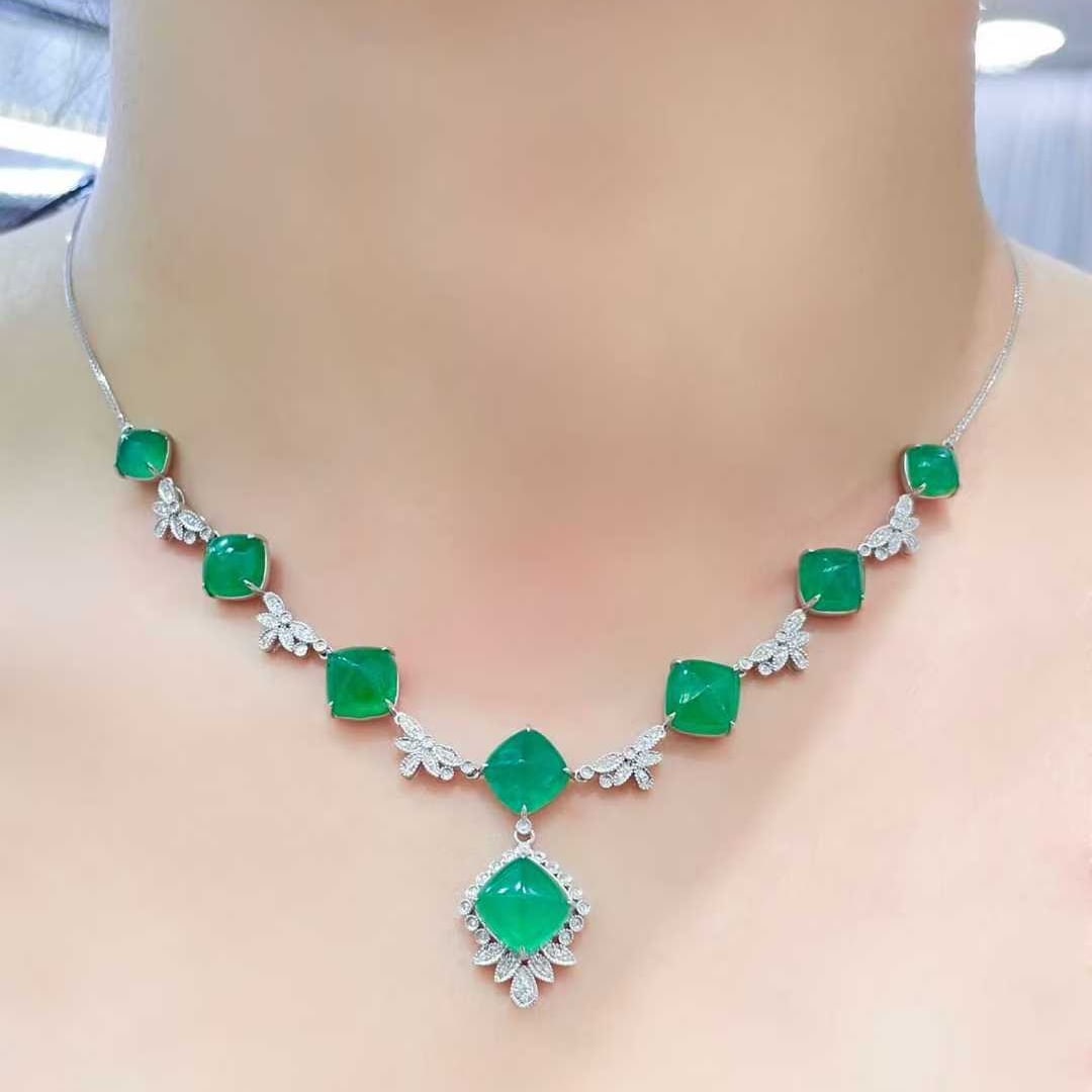 14k Gold 18.88 Ct Vivid Green Natural Emerald & Diamond Necklace - 6