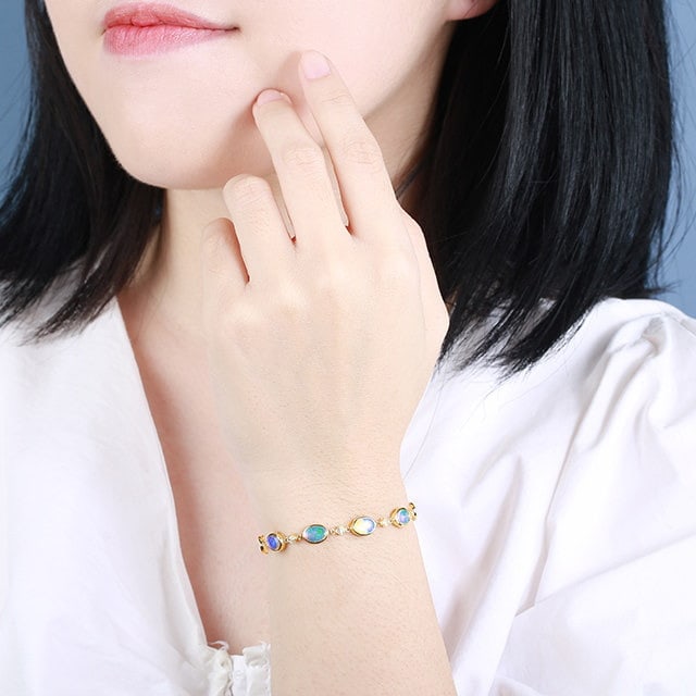 14k Gold 2.70 Ctw Natural Opal & Diamond Bracelet - 6