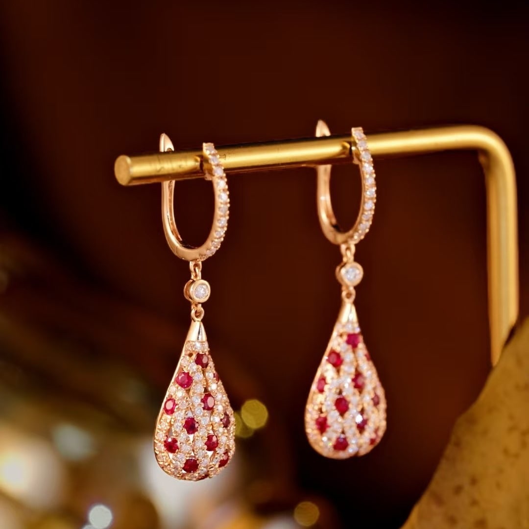 14k Gold 1.5 Ctw Natural Ruby & Diamond Earrings - 2