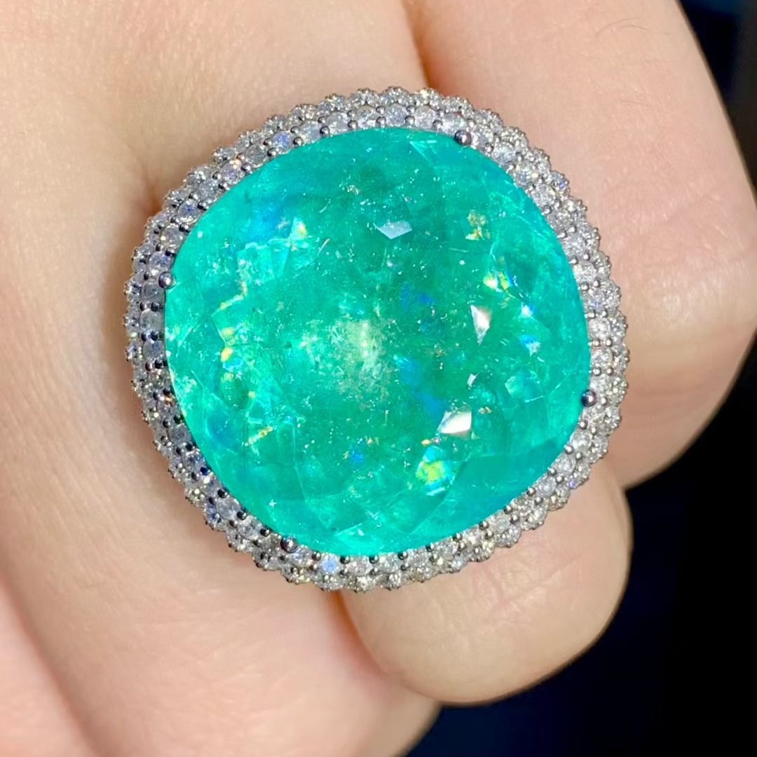 14k Gold 19.5 Ct Natural Paraiba Tourmaline & Diamond Ring - 5