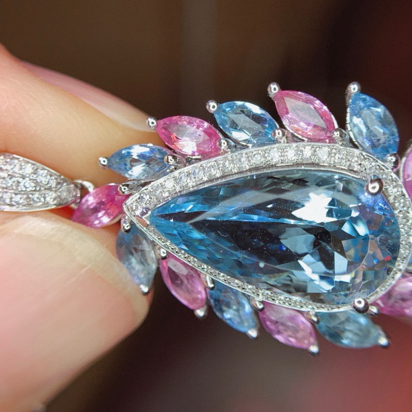 14k Gold 9.85 Ctw Natural Aquamarine & Sapphire Pendant( Without Chain ) - 3