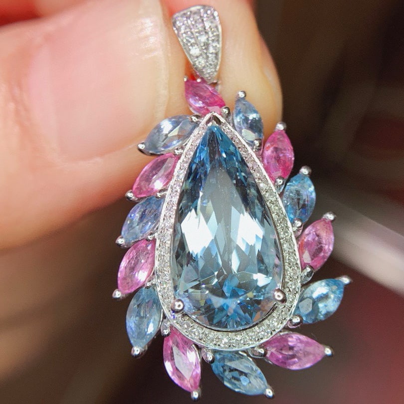 14k Gold 9.85 Ctw Natural Aquamarine & Sapphire Pendant( Without Chain ) - 4