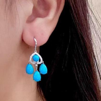 14k Gold 9.22 Ctw Natural Blue Turquoise & Diamond Earrings - 4