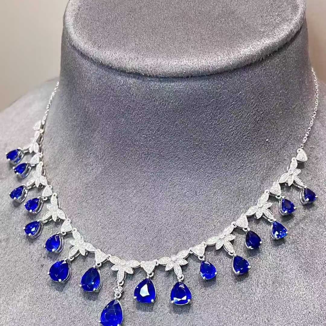 14k Gold 7.6 Ct Natural Sapphire & Diamond Necklace - 2