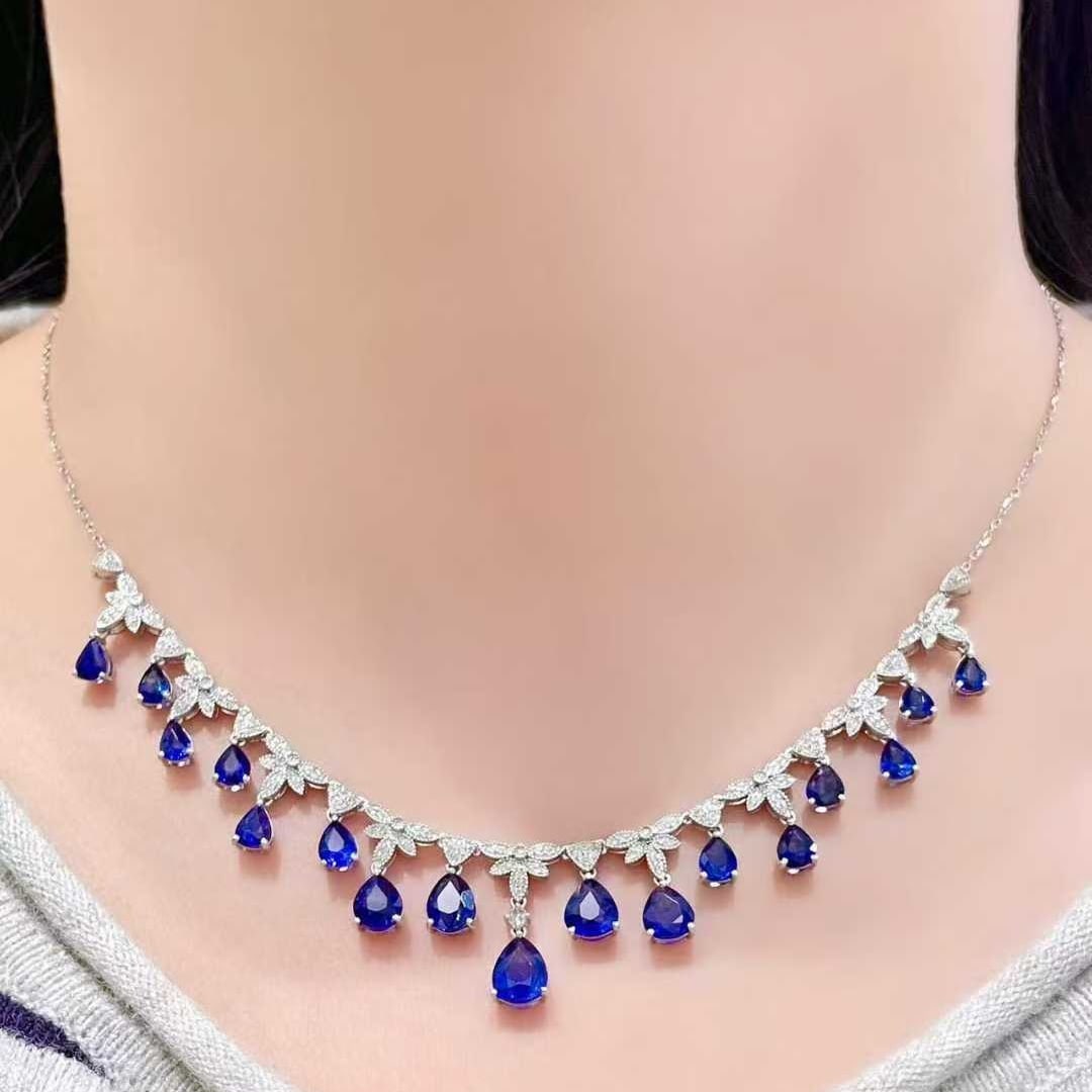 14k Gold 7.6 Ct Natural Sapphire & Diamond Necklace - 6