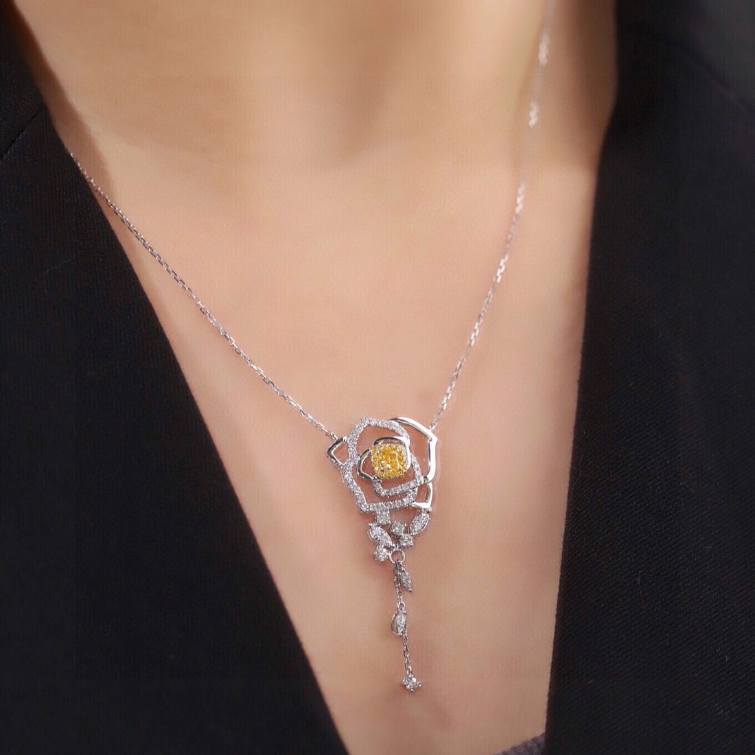 14k Gold 1.00 Ctw Natural Yellow Diamond & Diamond Necklace - 2