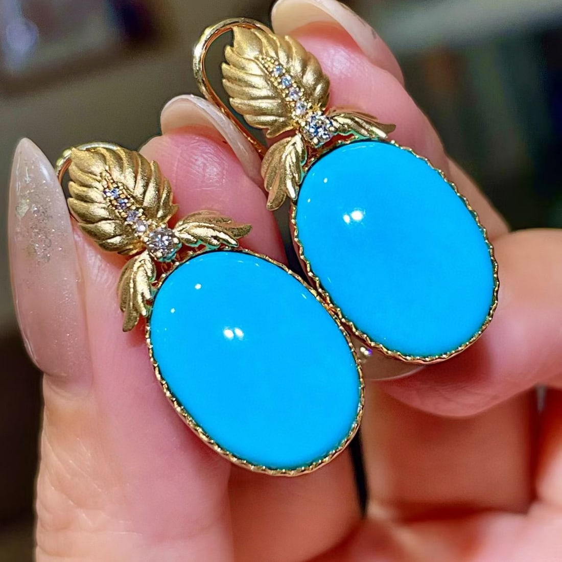 14k Gold 14.96 Ctw Natural Blue Turquoise & Diamond Earrings - 2