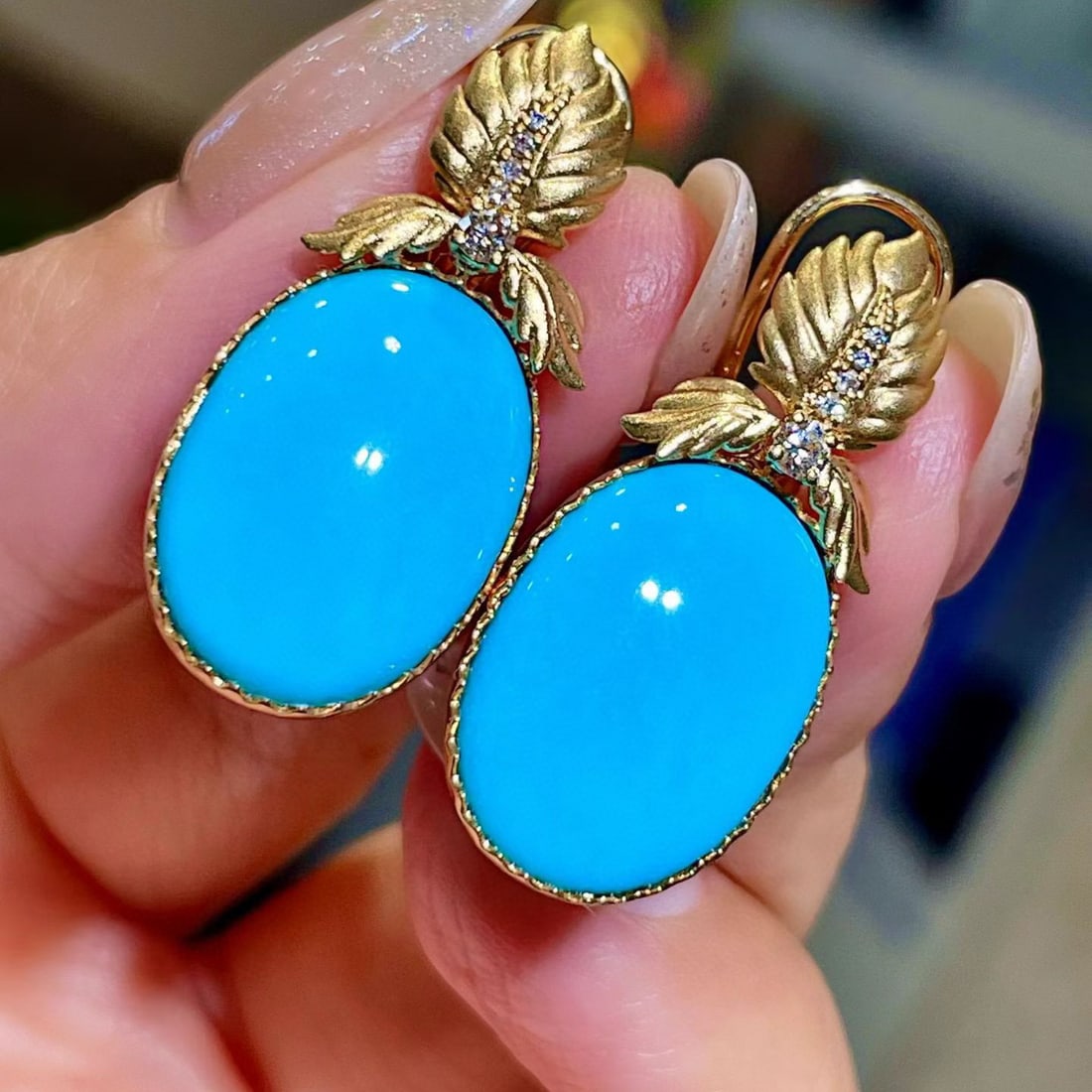 14k Gold 14.96 Ctw Natural Blue Turquoise & Diamond Earrings - 3