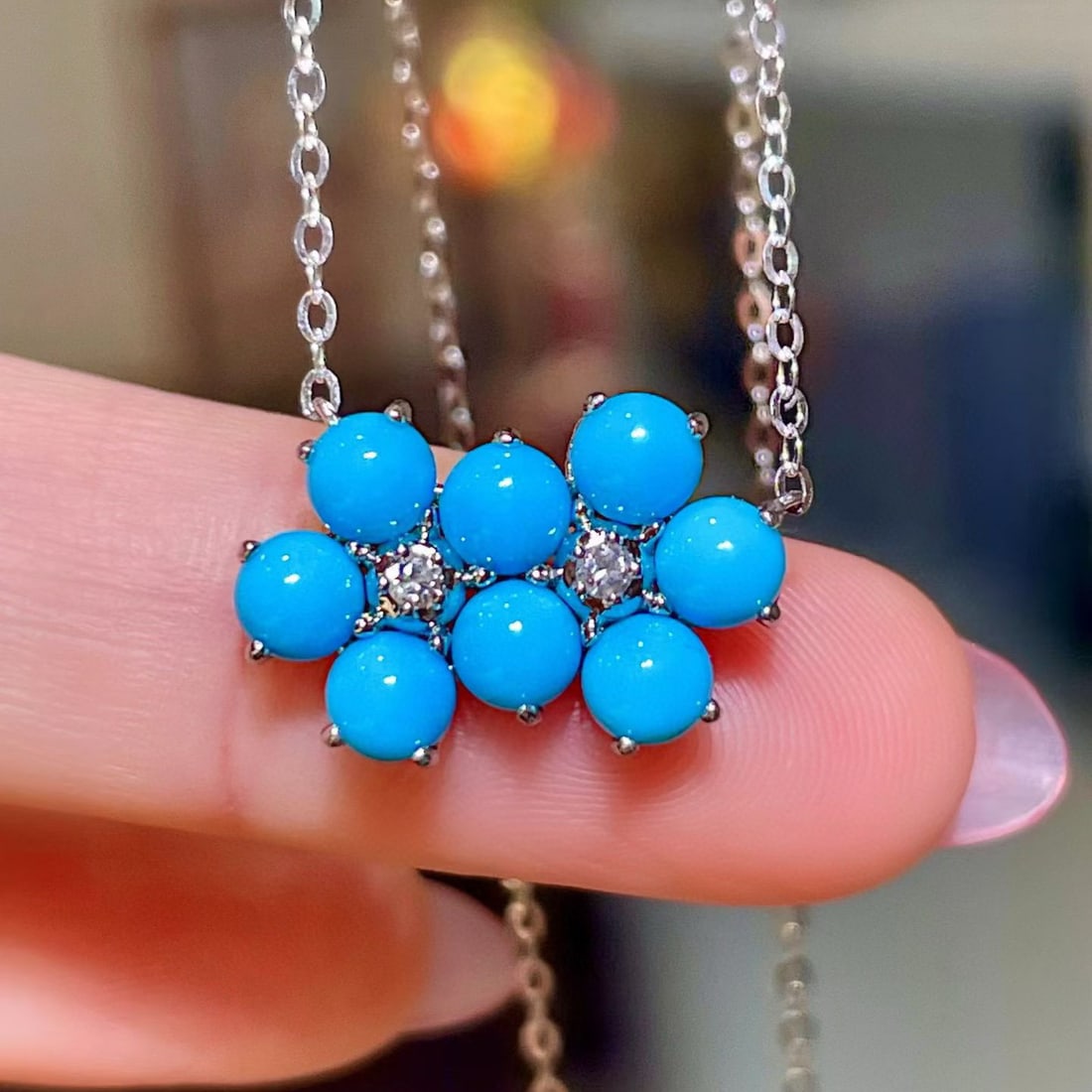 14k Gold 2.48 Ct Natural Blue Turquoise & Diamond Necklace: Ref:231127110 // gold content:14k gold // main gemstone:blue turquoise // shape:round // carat weight:2. 48ct // color:blue // treatment:natural // cut grade:g // // adjacent gemstone 2 : diamond