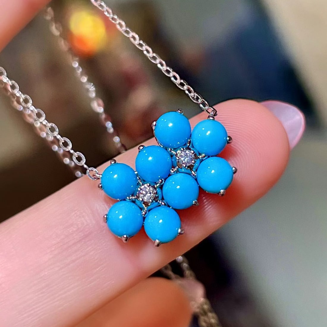 14k Gold 2.48 Ct Natural Blue Turquoise & Diamond Necklace - 2