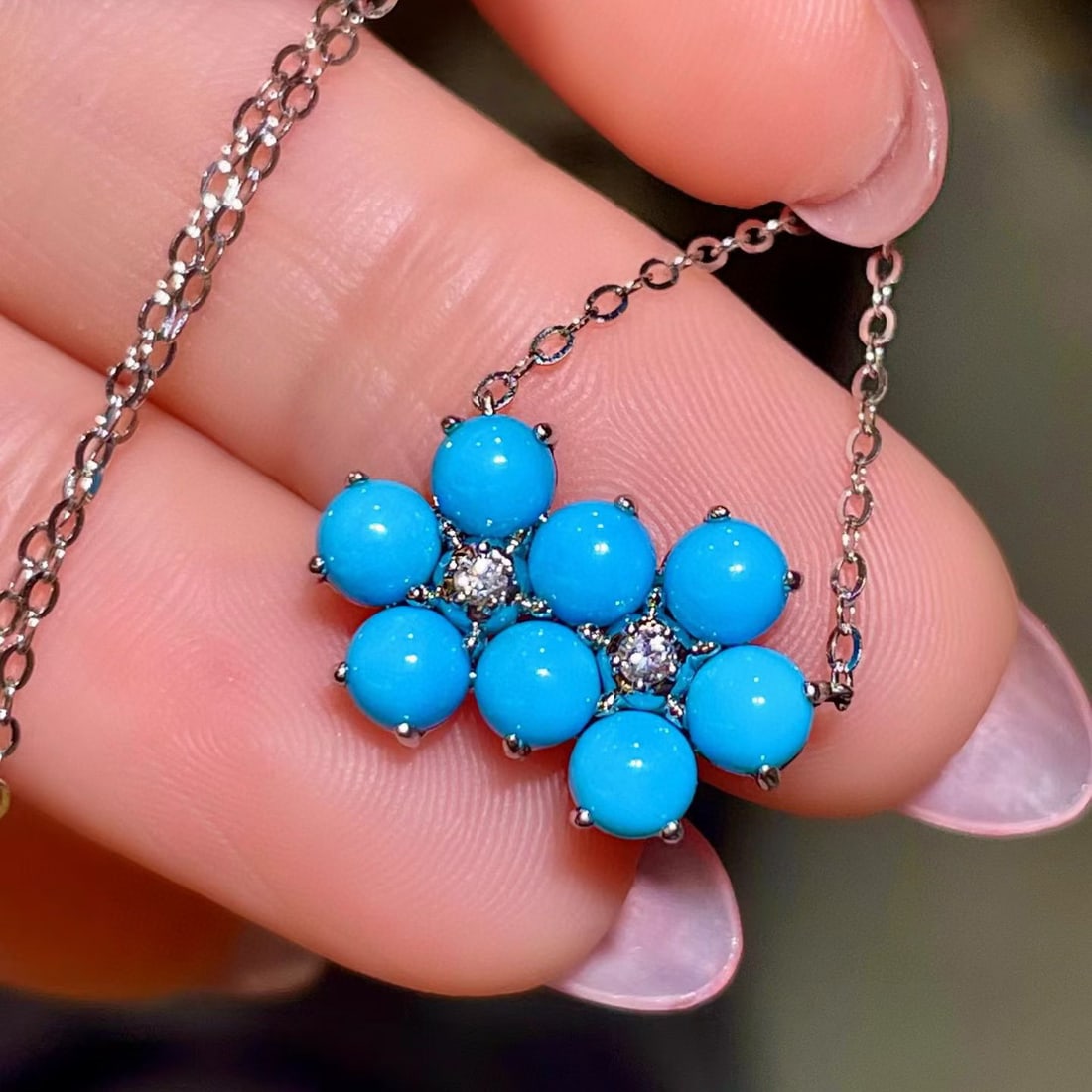 14k Gold 2.48 Ct Natural Blue Turquoise & Diamond Necklace - 3