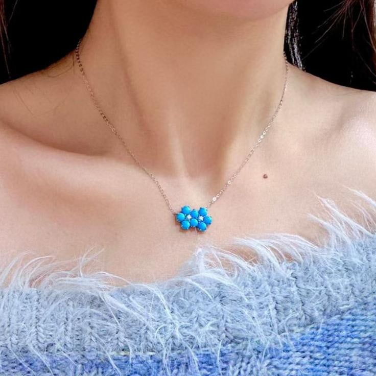 14k Gold 2.48 Ct Natural Blue Turquoise & Diamond Necklace - 4