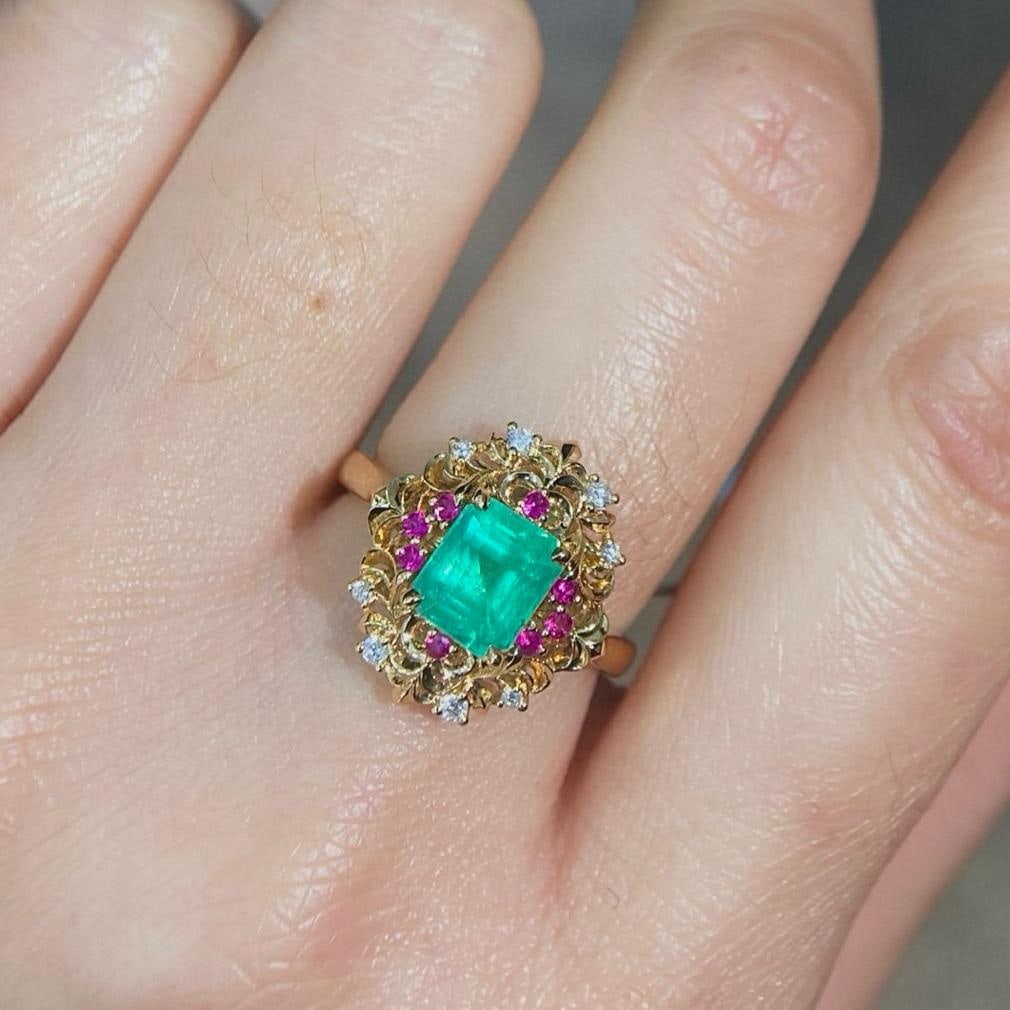 14k Gold 1.36 Ctw Natural Emerald & Diamond Ring - 2