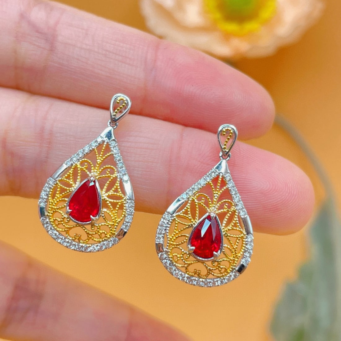 14k Gold 1.61 Ctw Natural Ruby & Diamond Earrings - 3