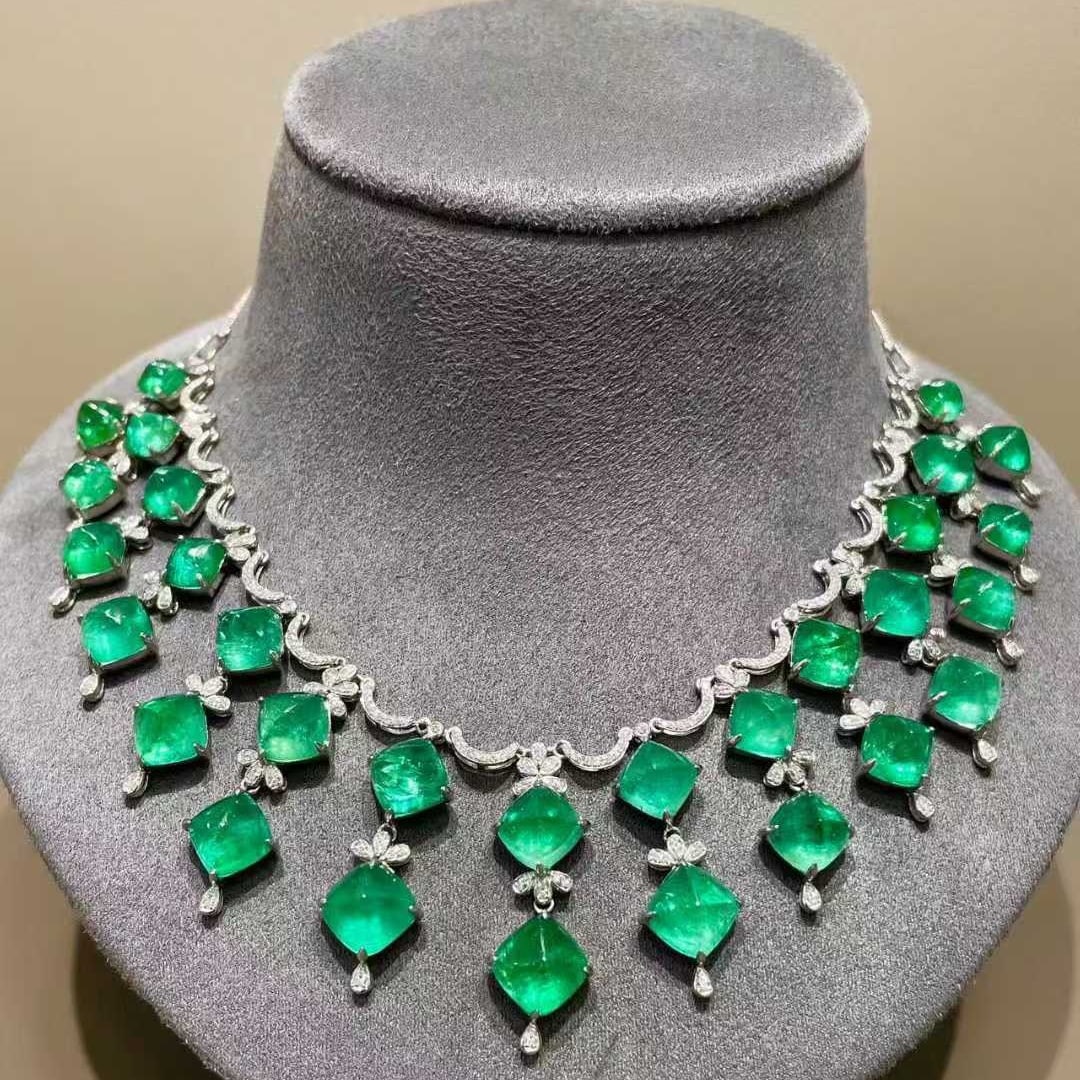 14k Gold 49.5 Ctw Natural Emerald & Diamond Necklace - 3