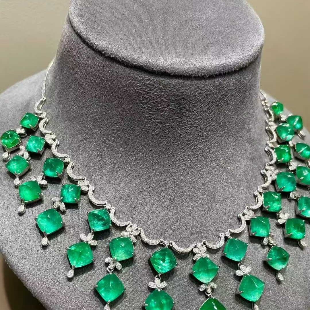 14k Gold 49.5 Ctw Natural Emerald & Diamond Necklace - 6