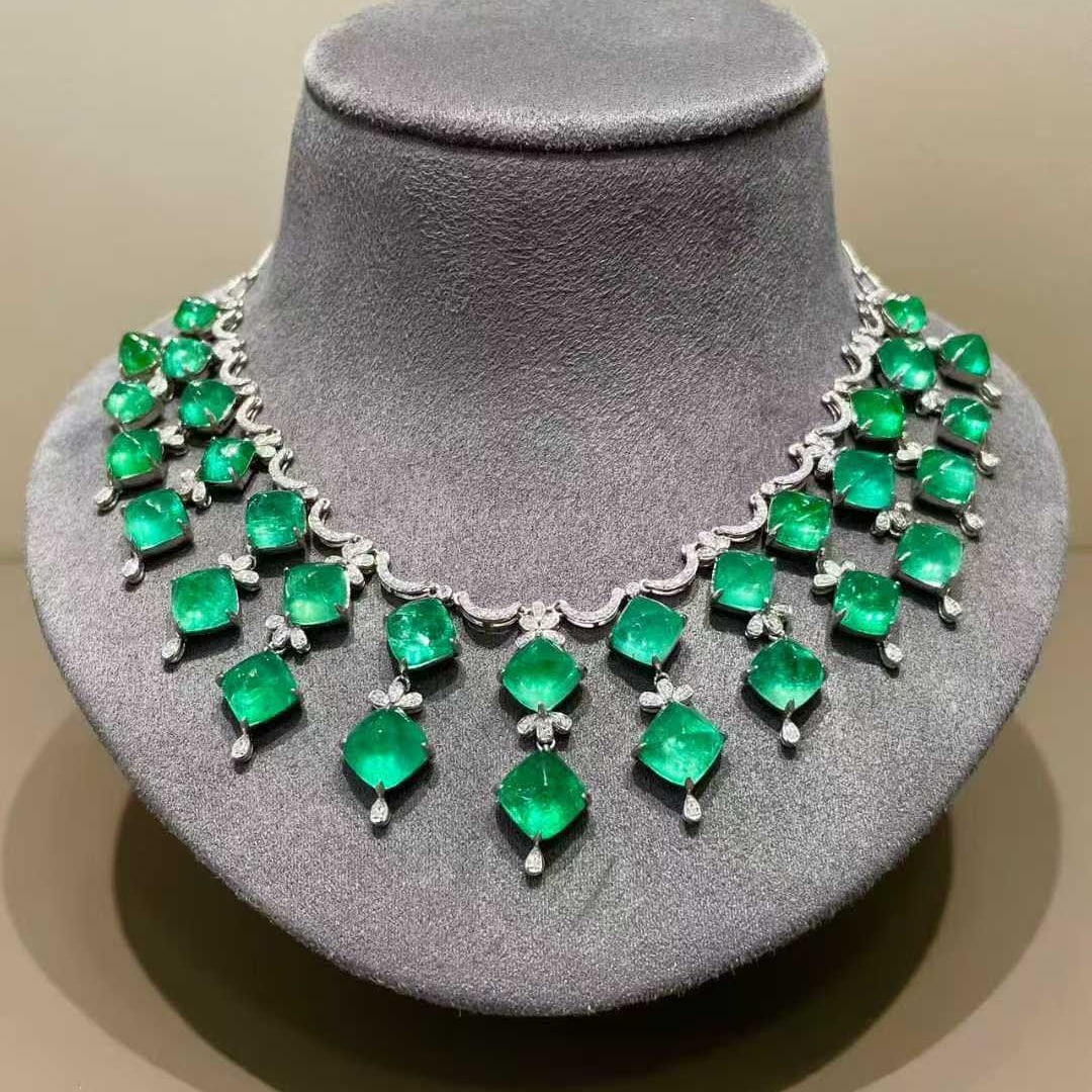 14k Gold 49.5 Ctw Natural Emerald & Diamond Necklace - 7
