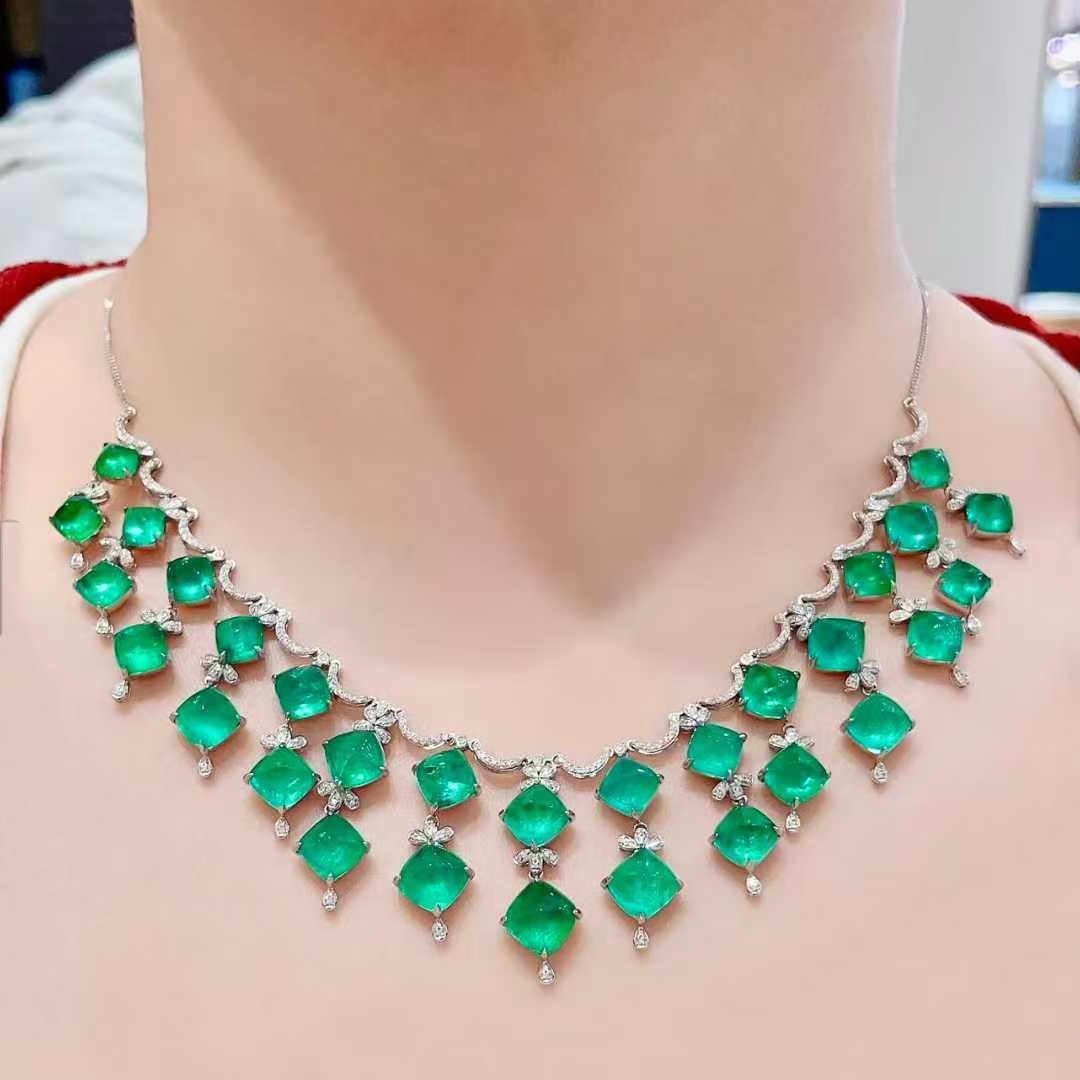 14k Gold 49.5 Ctw Natural Emerald & Diamond Necklace - 8
