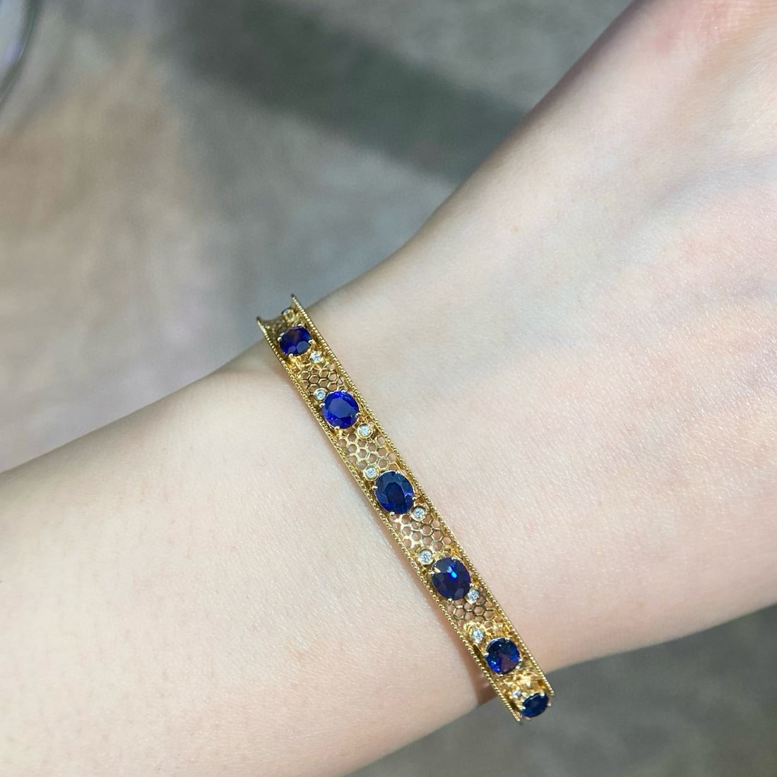 14k Gold 3.39 Ctw Natural Sapphire & Diamond Bangle - 2
