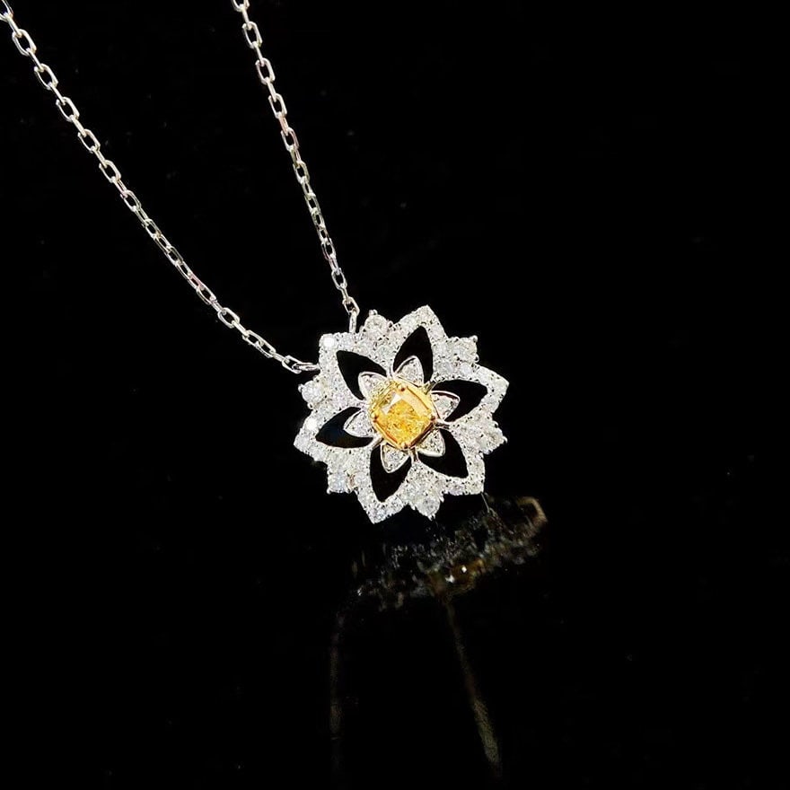 14k Gold 0.51 Ctw Natural Yellow Diamond & Diamond Necklace: Ref:231127134 // gold content:14k gold // main gemstone:yellow diamond // shape:cushion // carat weight:0. 13ct // color:yellow // treatment:natural // // adjacent gemstone 2 : diamond // shape:round