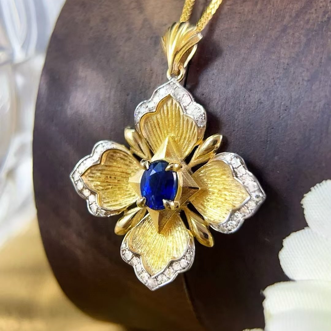 14k Gold 0.68 Ctw Natural Sapphire & Diamond Pendant( Without Chain ) - 2