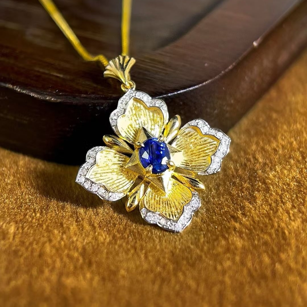 14k Gold 0.68 Ctw Natural Sapphire & Diamond Pendant( Without Chain ) - 4