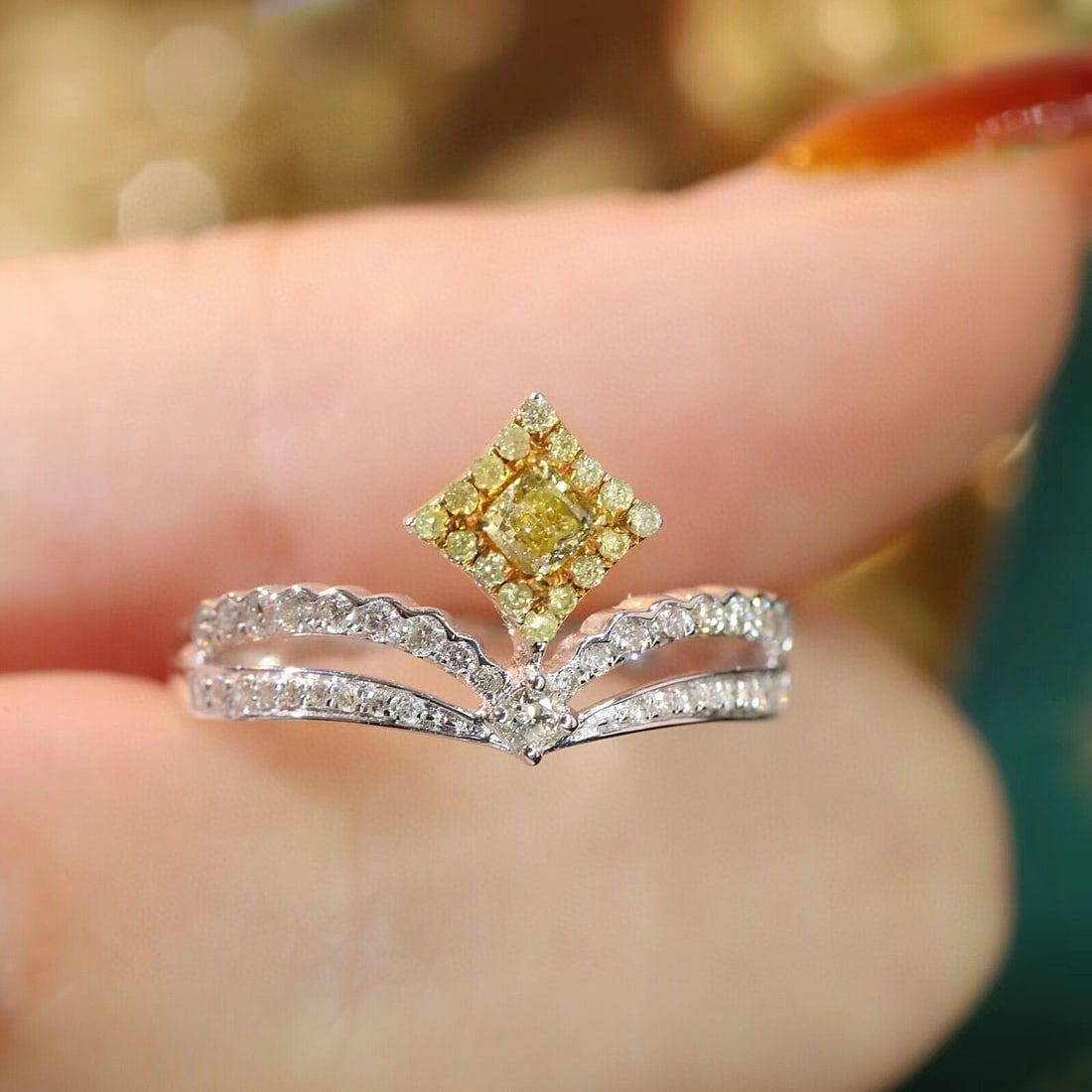 14k Gold 0.52 Ctw Natural Yellow Diamond & Diamond Ring: Ref:231127139 // gold content:14k gold // ring size:7. 25us // // main gemstone:yellow diamond // shape:cushion // carat weight:0. 16ct // color:yellow // treatment:natural // // adjacent gemstone 2 :