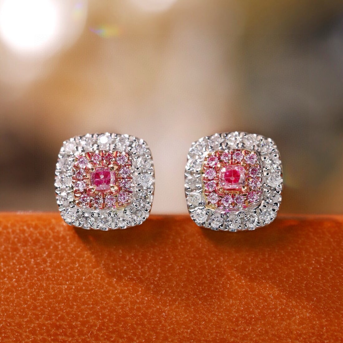 14k Gold 0.50 Ctw Natural Pink Diamond & Diamond Earrings: Ref:231127140 // gold content:14k gold // main gemstone:pink diamond // shape:cushion // carat weight:0. 12ct // color:pink // treatment:natural // // adjacent gemstone 2 : diamond // shape:round // c