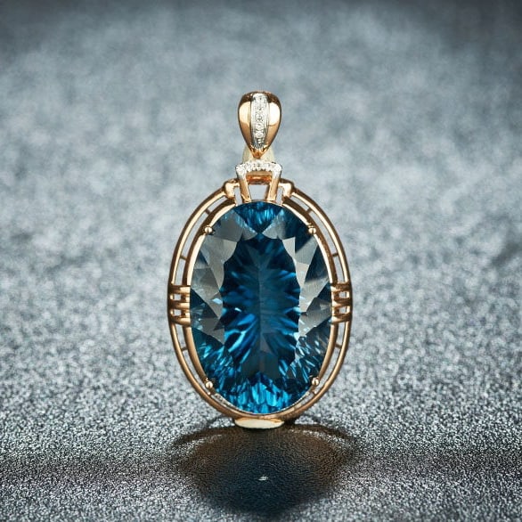 14k Gold 26 Ct Natural Topaz & Diamond Pendant( Without Chain ): Ref:231127142 // gold content:14k gold // main gemstone:topaz // shape:oval // carat weight:26ct // color:blue // treatment:natural // // adjacent gemstone 2 : diamond // shape:round // clarity