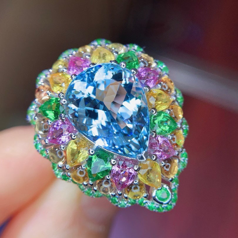 14k Gold 10.49 Ctw Natural Aquamarine & Sapphire & Tsavorite Ring - 2