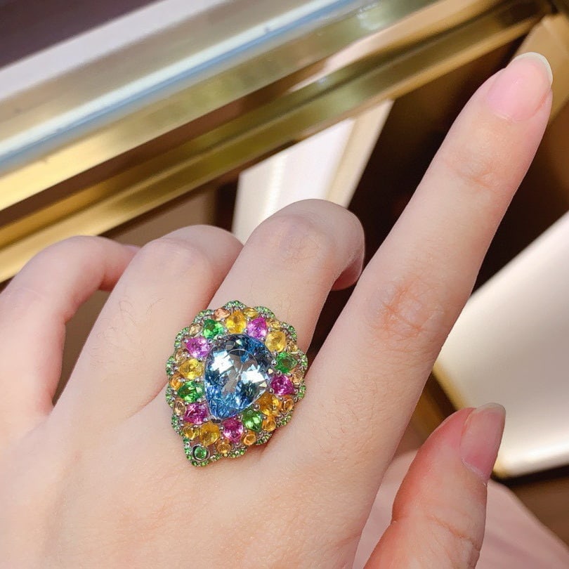 14k Gold 10.49 Ctw Natural Aquamarine & Sapphire & Tsavorite Ring - 6