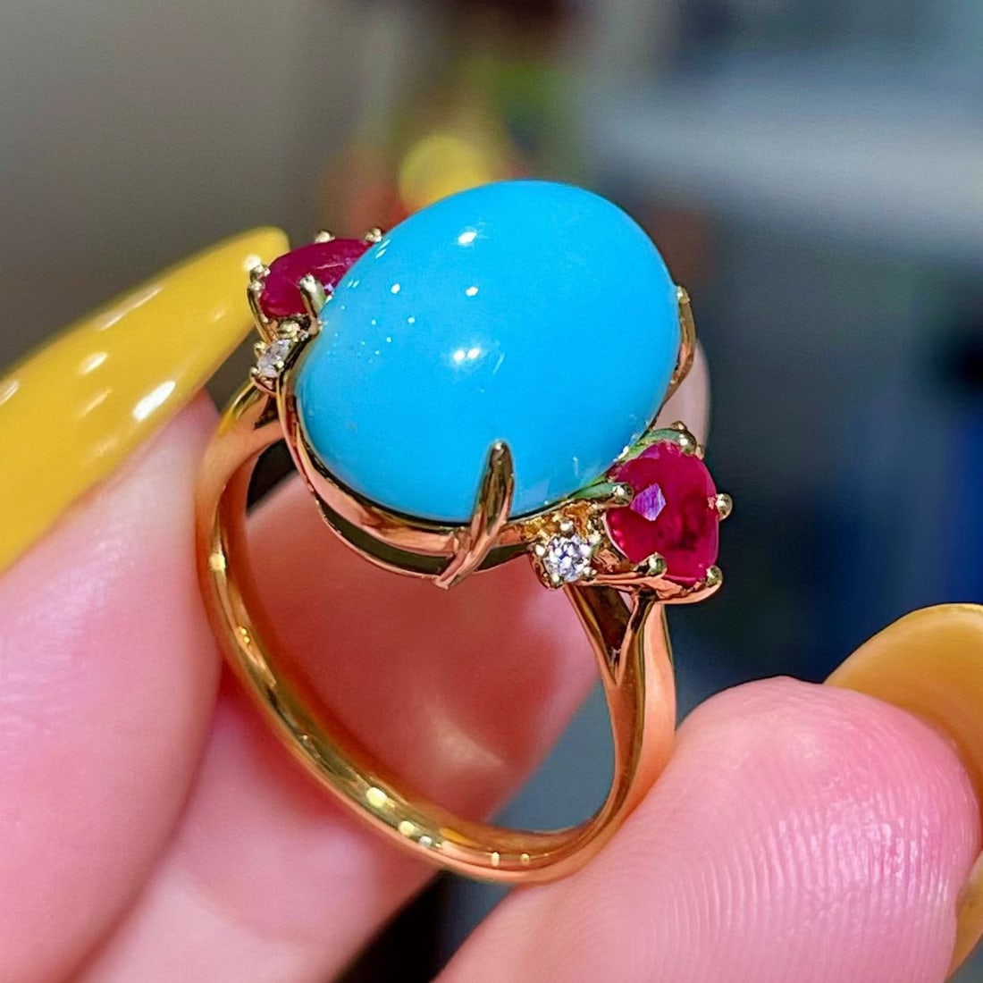14k Gold 7.85 Ctw Natural Blue Turquoise & Ruby Ring - 2
