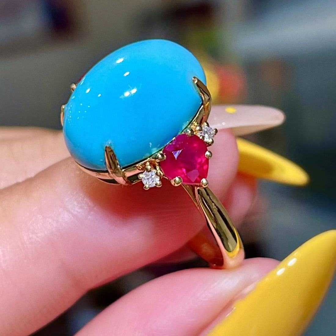 14k Gold 7.85 Ctw Natural Blue Turquoise & Ruby Ring - 3