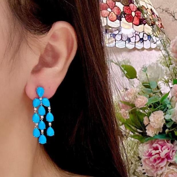 14k Gold 13.85 Ctw Natural Blue Turquoise & Diamond Earrings - 4