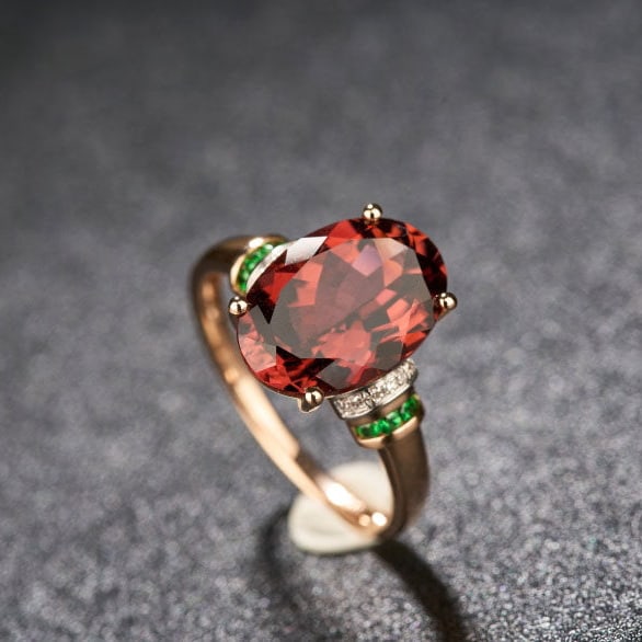 14k Gold 4.5 Ct Natural Tourmaline & Diamond & Tsavorite Ring: Ref:231127153 // gold content:14k gold // ring size:7. 25us // // main gemstone:tourmaline // shape:oval // carat weight:4. 5ct // color:red // treatment:natural // // adjacent gemstone 2 :
