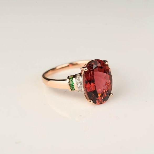 14k Gold 4.5 Ct Natural Tourmaline & Diamond & Tsavorite Ring - 2