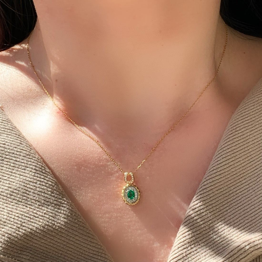 14k Gold 0.26 Ct Vivid Green Natural Emerald & Diamond Pendant( Without Chain ) - 3