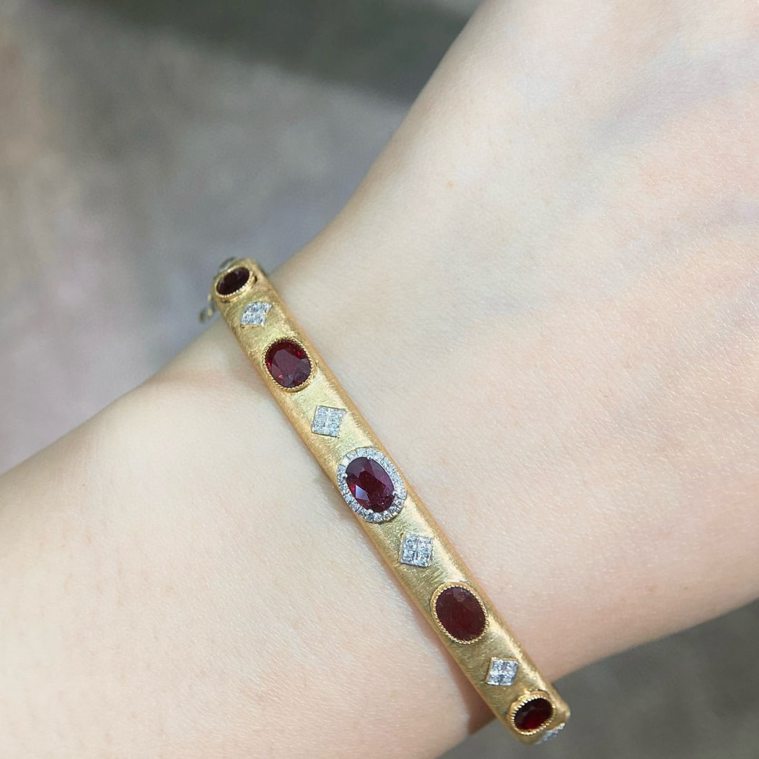 14k Gold 2.85 Ctw Natural Ruby & Diamond Bangle - 2