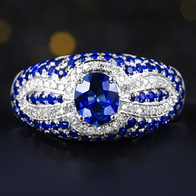 14k Gold 1.31 Ctw Natural Sapphire & Sapphire Ring: Ref:231127170 // gold content:14k gold // ring size:7. 25us // // main gemstone:sapphire // shape:oval // carat weight:0. 77ct // color:blue // treatment:natural // // adjacent gemstone 2 :
