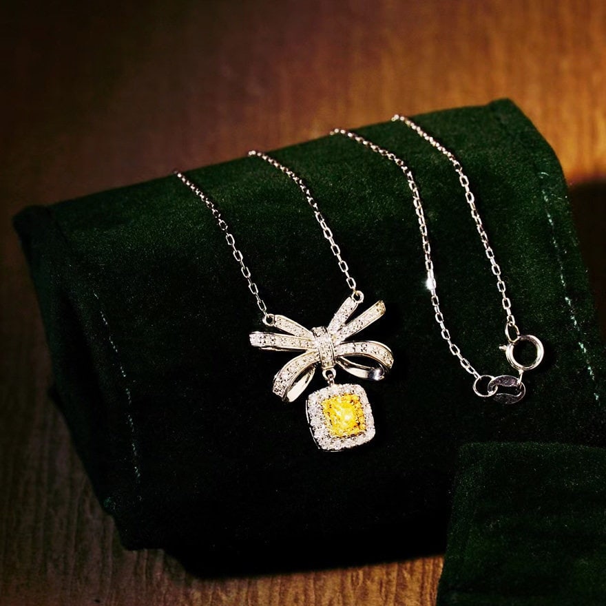 14k Gold 0.78 Ctw Natural Yellow Diamond & Diamond Necklace - 2