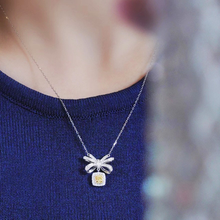 14k Gold 0.78 Ctw Natural Yellow Diamond & Diamond Necklace - 6