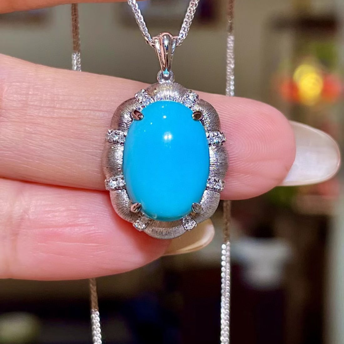 14k Gold 5.21 Ctw Natural Blue Turquoise & Diamond Pendant( Without Chain ): Ref:231127199 // gold content:14k gold // main gemstone:blue turquoise // shape:oval // carat weight:5. 09ct // color:blue // treatment:natural // // adjacent gemstone 2 : diamond // shape:round //