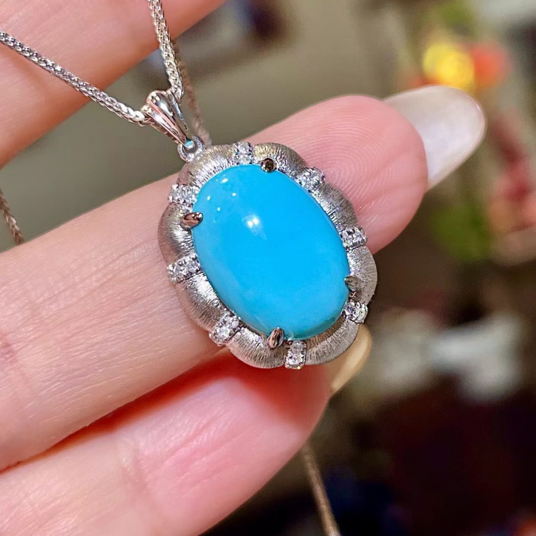 14k Gold 5.21 Ctw Natural Blue Turquoise & Diamond Pendant( Without Chain ) - 2