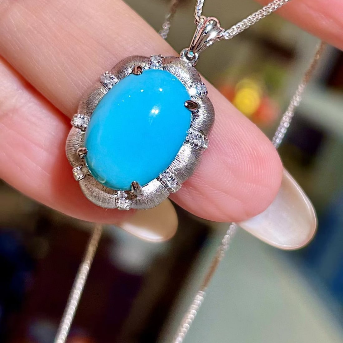 14k Gold 5.21 Ctw Natural Blue Turquoise & Diamond Pendant( Without Chain ) - 3